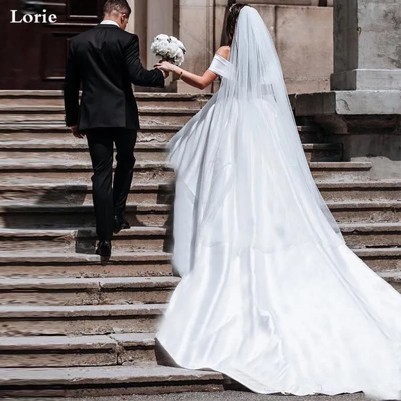 LORIE princesse robes de mariée Satin Vintage hors de l'épaule robes de mariée longue Train blanc ro