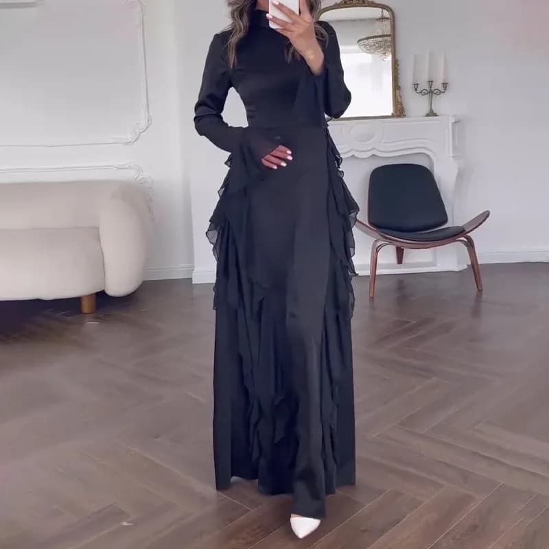 Robe élégante à col rond pour femme, manches trompent, taille haute, épissage à l'aspect fin, jupe m