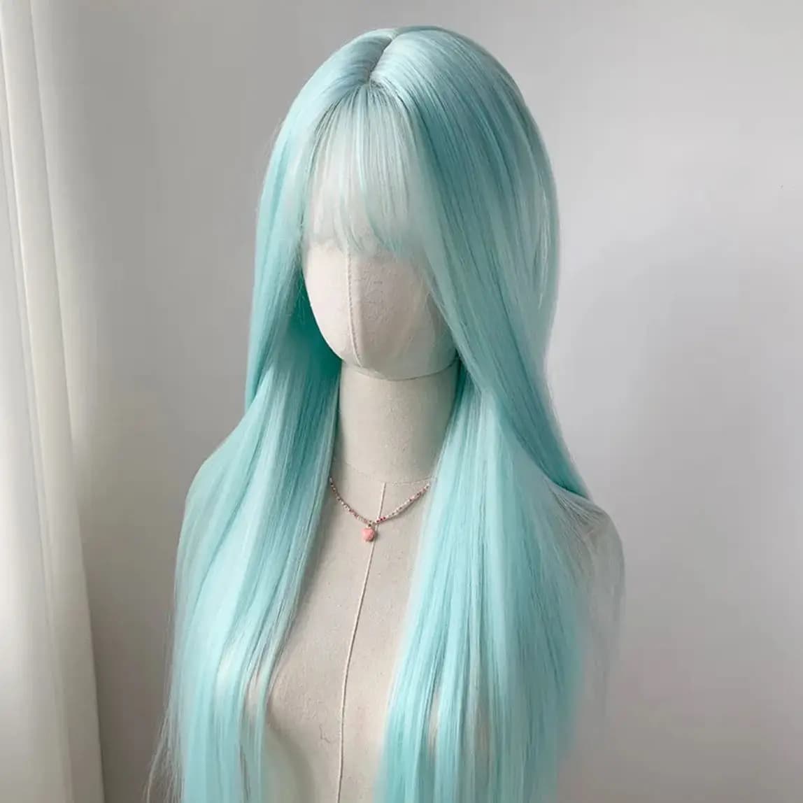 Perruque Longue et Lisse avec Frange Fendue pour Femme, Couleur Menthe, Bleu, Vert, Rose, Or, Ultrav