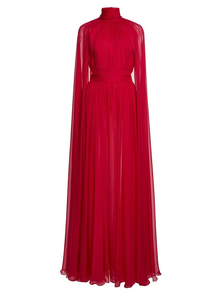 Robe de soirée rouge en mousseline de soie, col haut, manches Cape, robe Maxi plissée élégante pour