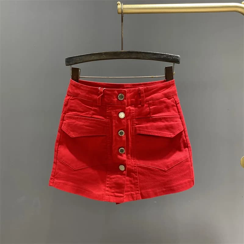 Jupe en jean vintage à simple boutonnage pour femme, mini jupes taille haute, hanche ronde, ligne A,