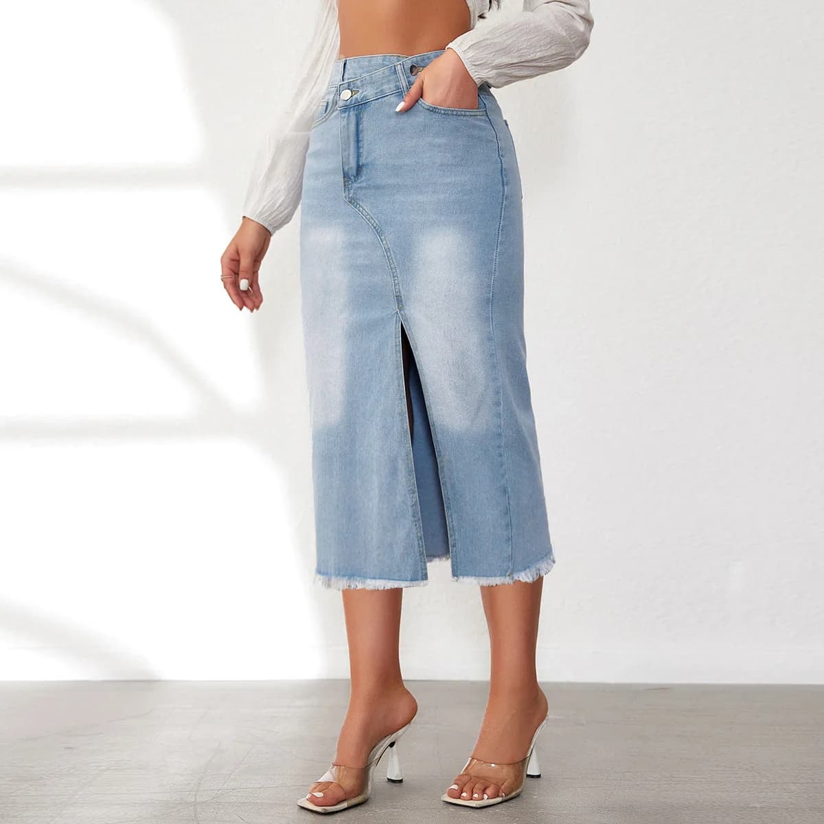 Femmes Denim jupes Sexy lavé Denim taille haute robe crayon Y2k Streetwear fesses bases cheville lon