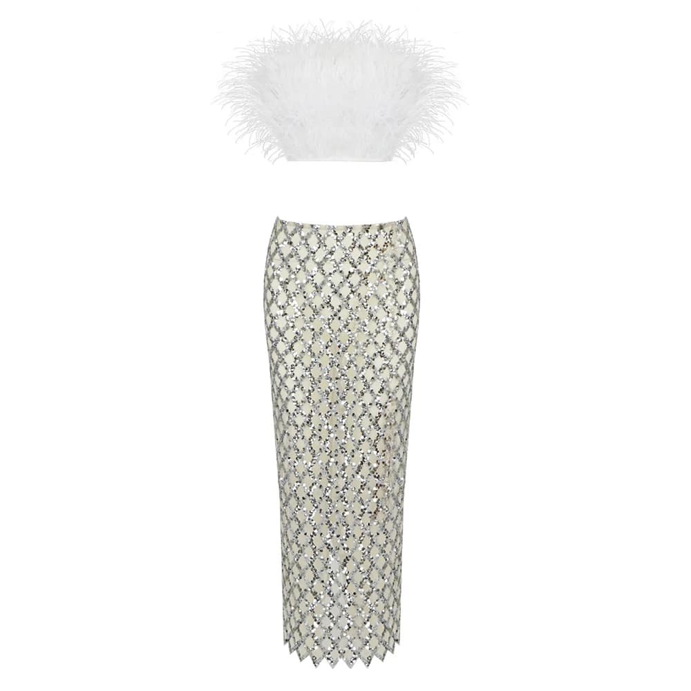 Ensemble haut et jupe en plumes avec dentelle enveloppée, robe longue en maille à carreaux, batterie