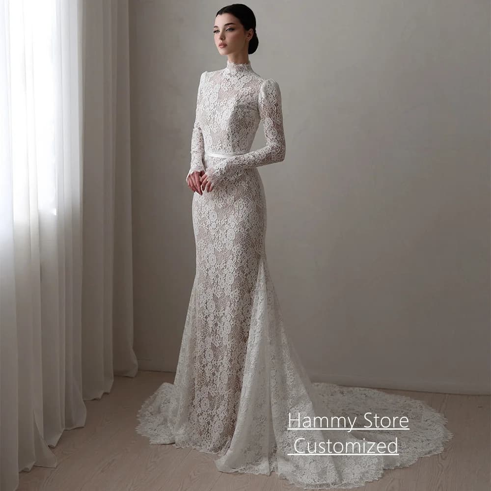 Robe de mariée arabe personnalisée, col montant, manches longues, dentelle exquise, traîne courte, c