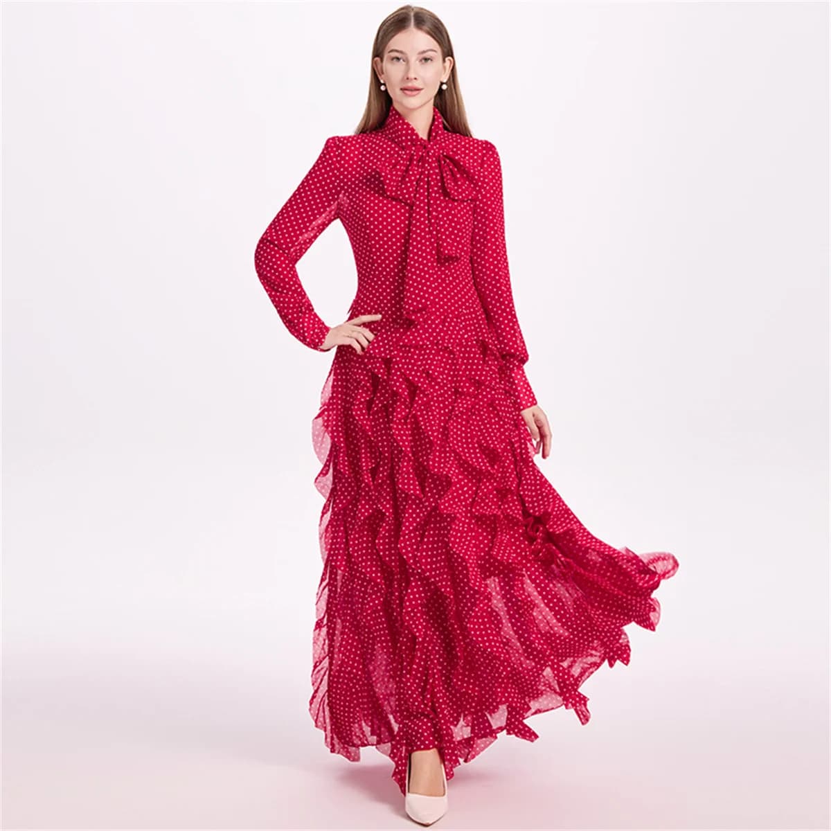 Robe Maxi en mousseline de soie pour femmes, manches longues, avec nœud à lacets, grand bas, robes d