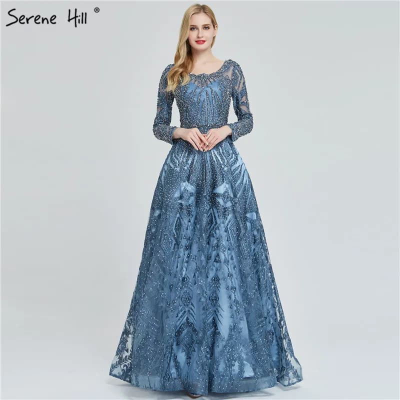 Robe de soirée de forme trapèze, luxueuse tenue de soirée de standing, bleu marine, dentelle perlée,