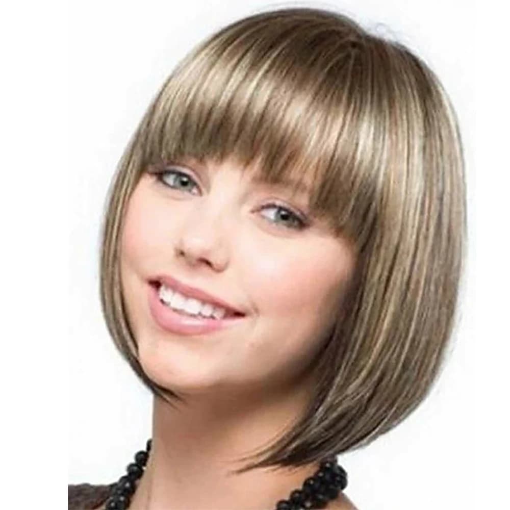 HAIRJOY Perruques synthétiques courtes et droites pour femmes, marron mélangé blond avec mèches et f
