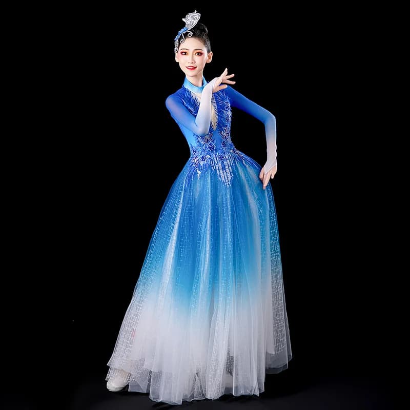 Costume de danseuse moderne bleu à manches longues pour femmes, robe de danse, vêtements de spectacl