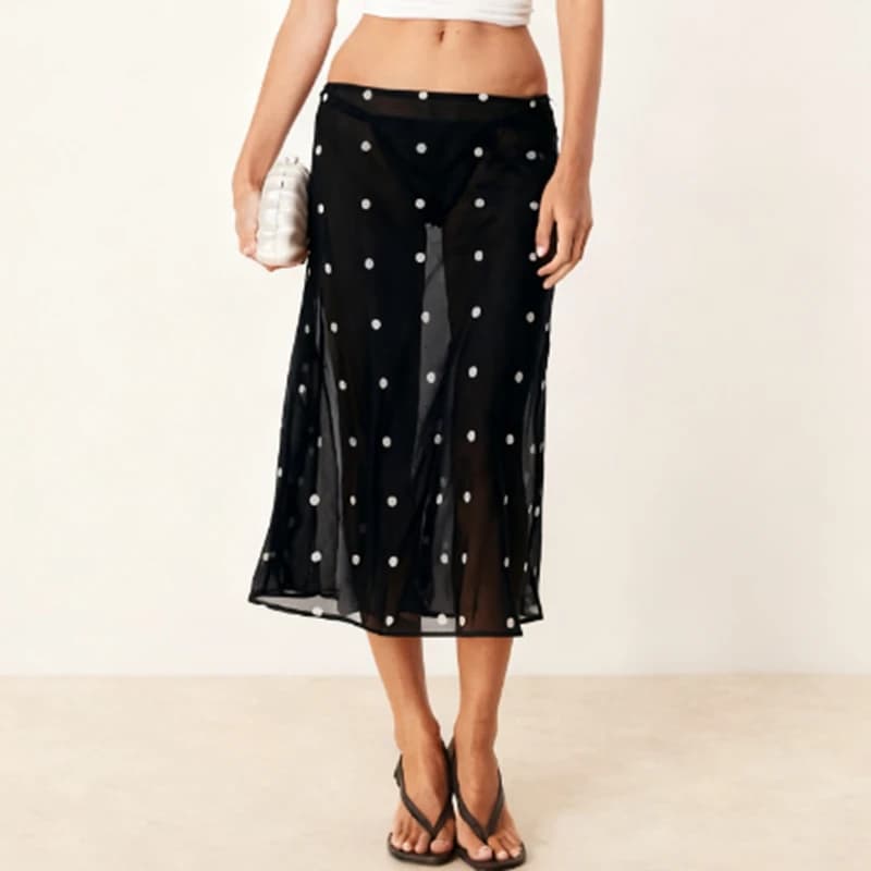Hirigin femmes à pois pure jupe Midi Sexy voir à travers taille basse jupe longue fluide maille couv