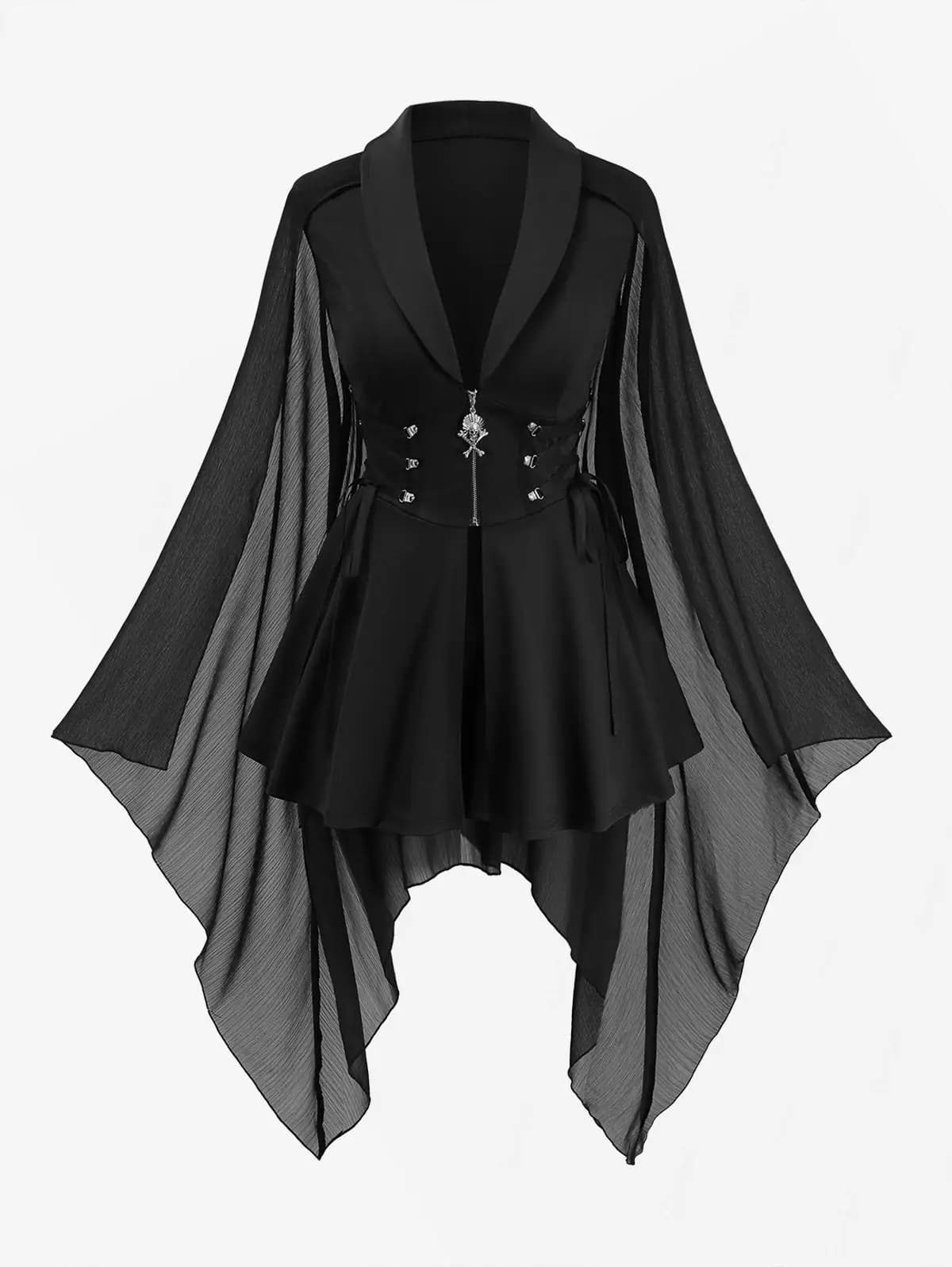 Manteaux gothiques pour femmes, grande taille, noirs, avec lacets, fermeture éclair tête de mort, ma
