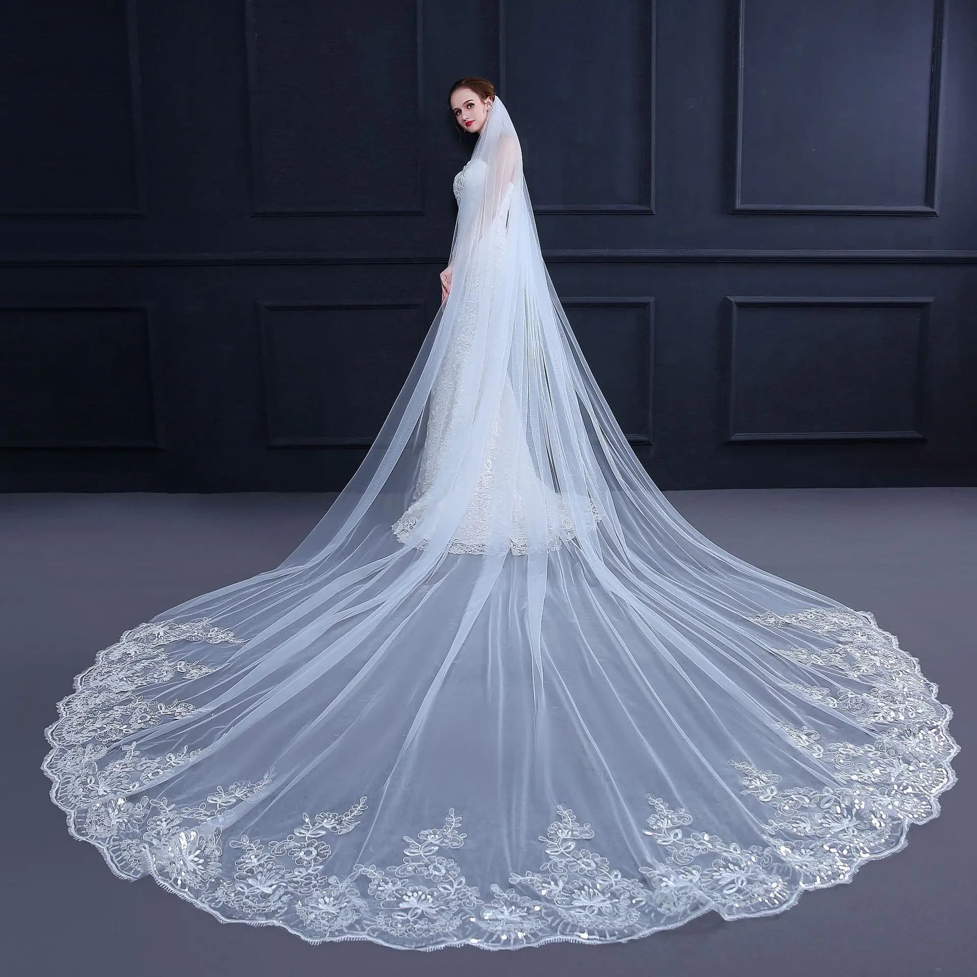 Voile de mariée Long et luxueux, bord en dentelle, paillettes appliquées, voile blanc/ivoire avec pe