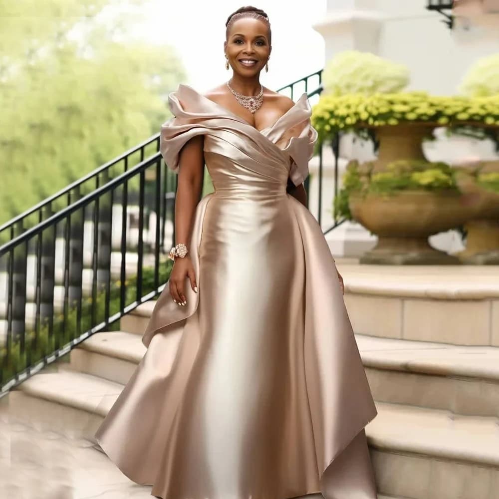 Robe sirène élégante pour mère de la mariée, pour mariage, épaules dénudées, col en v, longueur au s