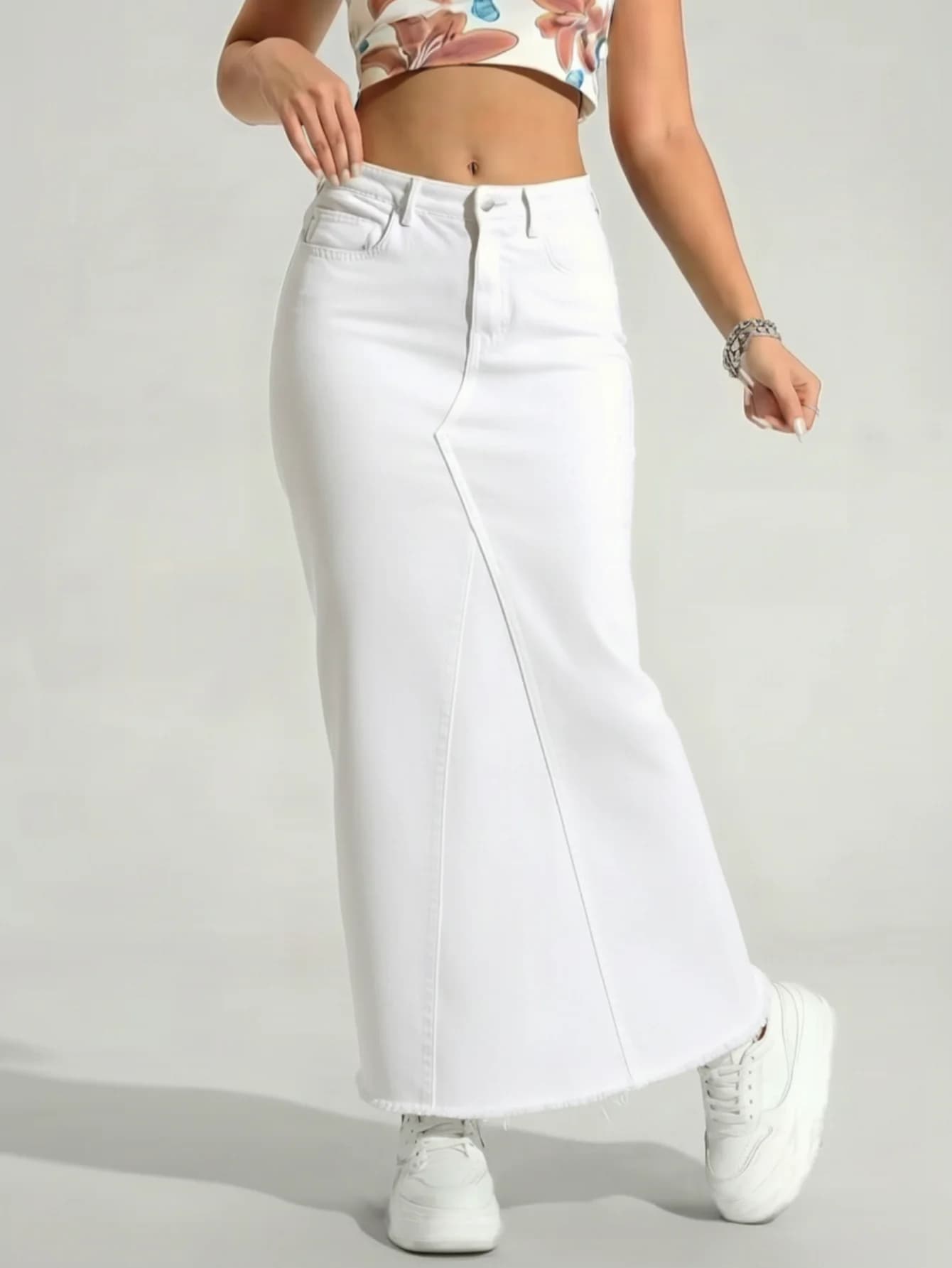 Jupe longue élégante pour femme, coupe trapèze taille élastique design fluide avec empiècements aux