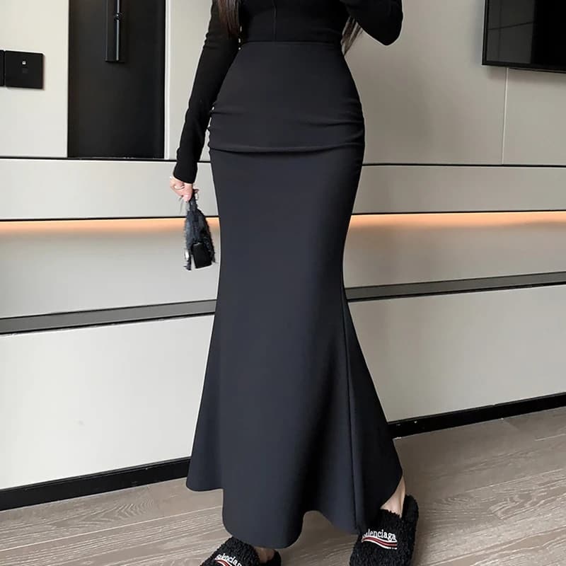 Jupes longues noires élégantes en queue de poisson pour femmes, taille haute, Streetwear Y2k, vêteme