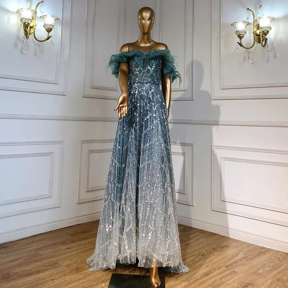 Robe de soirée de forme trapèze pour femmes, tenue de soirée luxueuse, forme trapèze, perles et plum