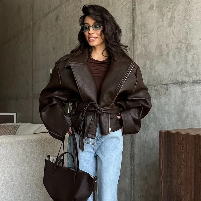 Vestes en cuir PU à revers rétro avec ceinture pour femmes, décontractées, amples, manches longues,