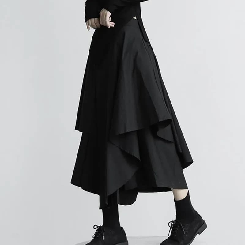 Femmes jupes noires japonais gothique irrégulière taille haute jupe plissée pantalon pour femmes Vin