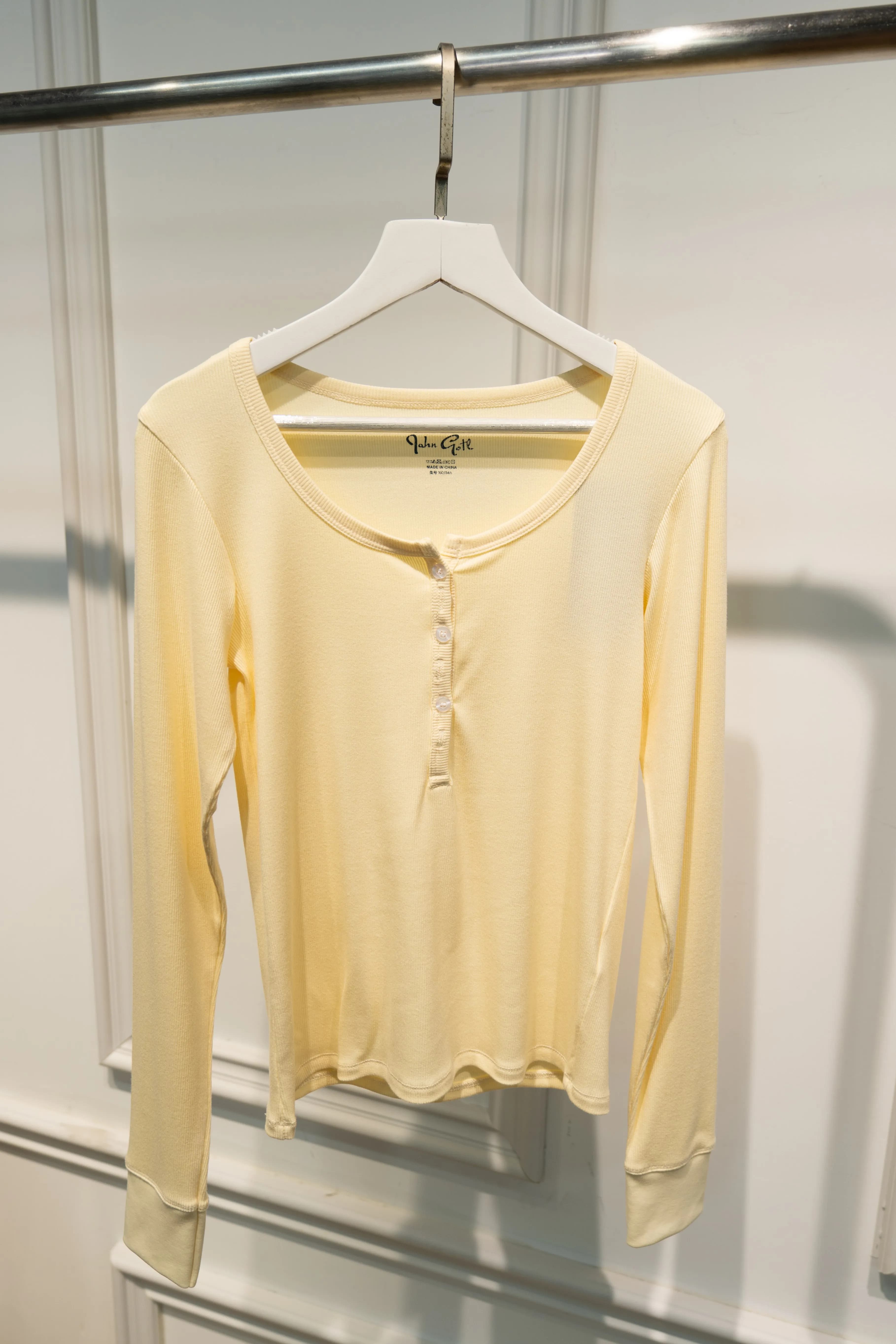 T-shirt manches longues col rond femme, en coton, avec boutons côtelés jaunes, Slim, mignon, Vintage