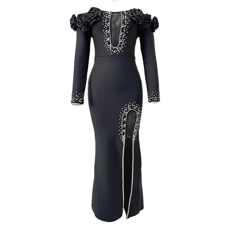 Robe longue à bandes rouge élégante, moulante, avec fleurs et embellissements de diamants, robes de