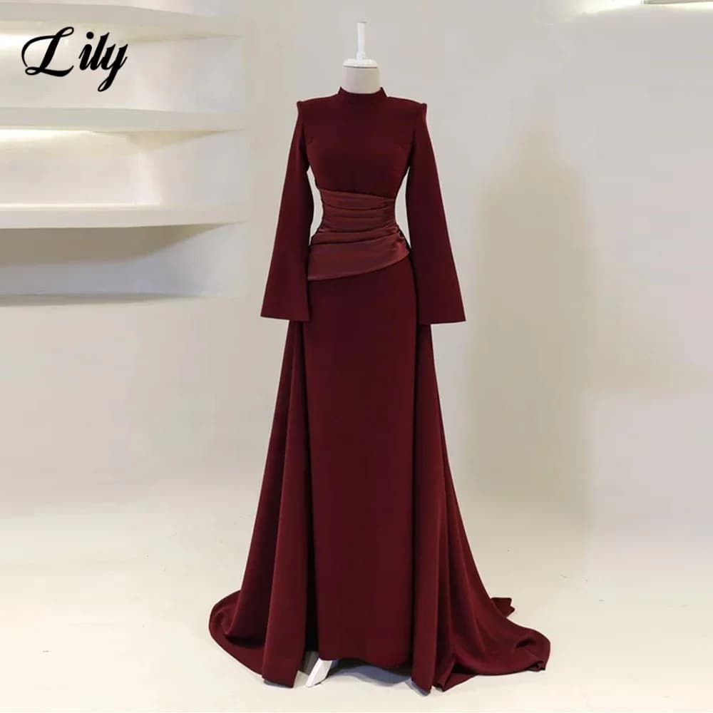 Lily bordeaux robes de bal élégantes col haut manches longues robes de soirée sirène Satin robes for