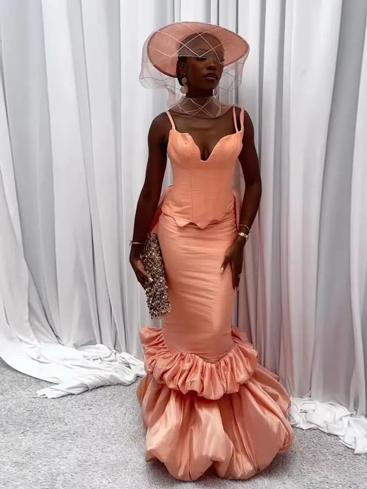 Robes de soirée longues sirène rose pêche pour femmes africaines, avec joli nœud, sexy, dos lacé