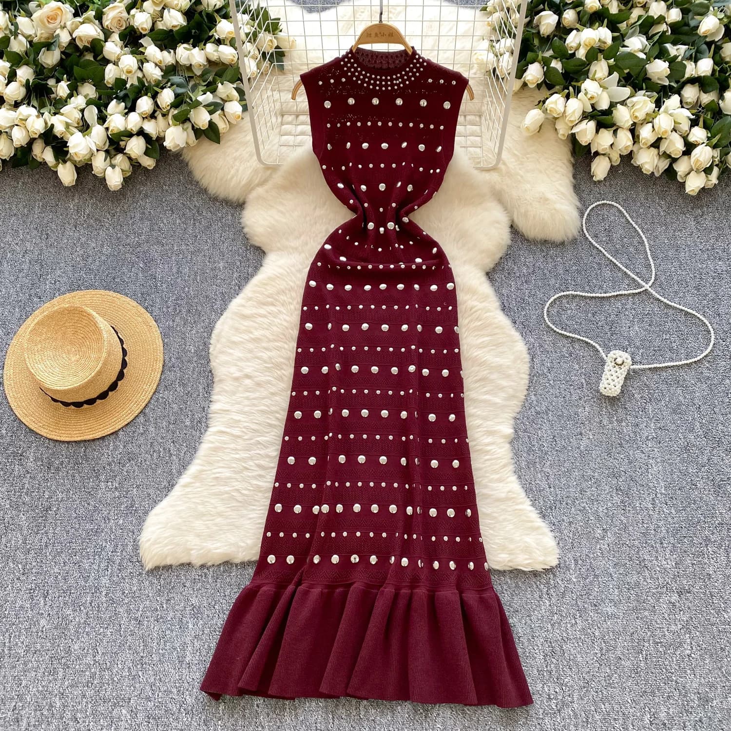 Diamants robes printemps été robe col en v sans manches robes taille haute queue de poisson tricot r