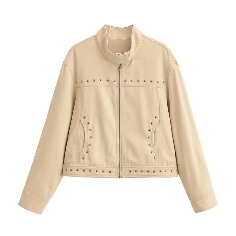 Blouson court pour femme, nouvelle collection été 2026, kaki, à manches longues, clouté, col montant