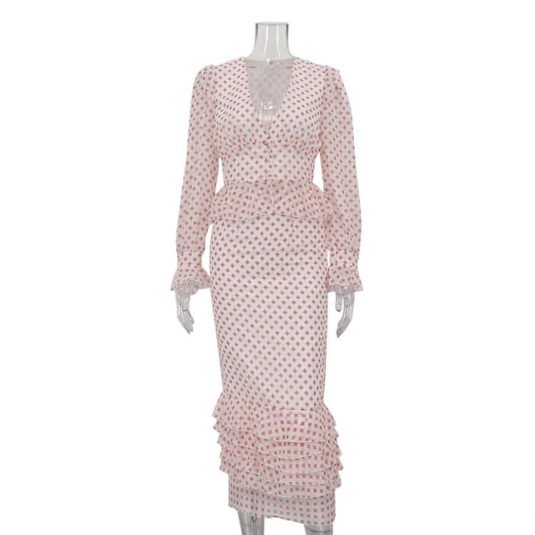 Ensemble jupe et haut imprimé à col en V et manches longues, nouvelle collection, pour femme