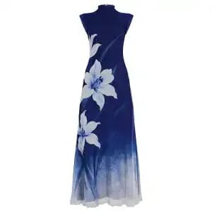 Robe longue bleu marine à imprimé floral pour femme, col montant, sans manches, ourlet dégradé, robe