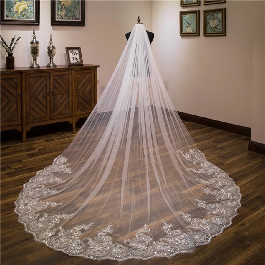 Voile de mariée Long et luxueux, bord en dentelle, paillettes appliquées, voile blanc/ivoire avec pe