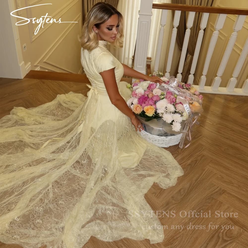 SSYTENS robes de soirée longues en dentelle jaune manches courtes col haut robes de bal de Dubaï rob