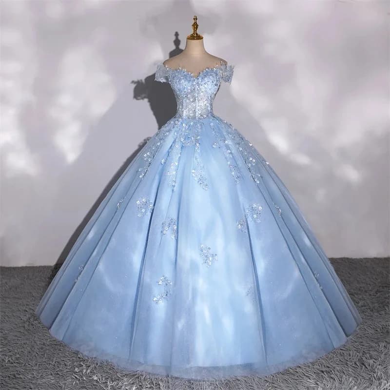 Nouveau bleu ciel longue épaule dénudée dame fille bal soirée robe performance danseur robe