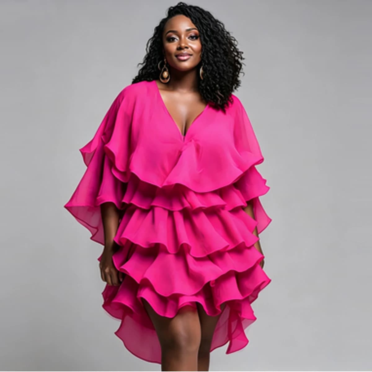 Robe mini fluide rose vif en mousseline à volants multicouches pour femme, col en V profond, manches