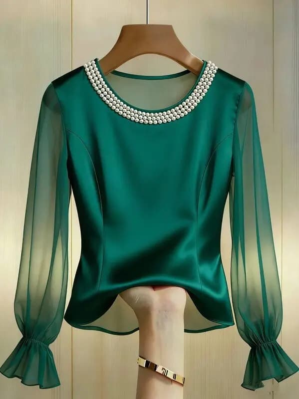 Chemisier élégant en satin pour femme, manches longues transparentes, en soie, avec col rond perlé,