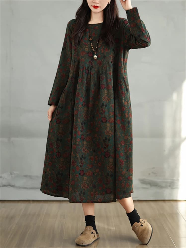 Robes en coton à imprimé floral vintage 2026 pour femmes, robe décontractée ample à manches longues,
