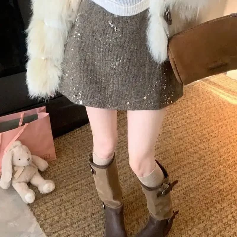 Mini-jupe scintillante pour femme - Jupe courte en tricot à paillettes taille haute