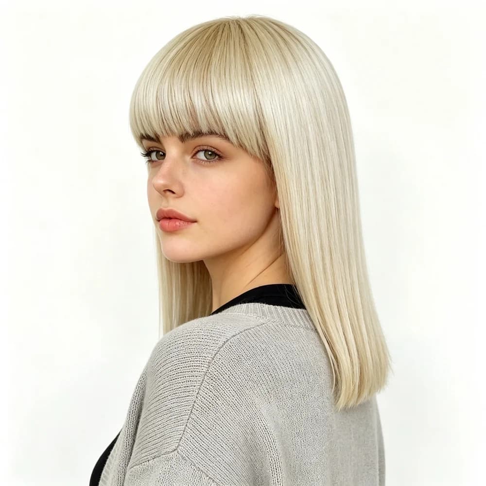 Perruque blonde droite style bob, 100% cheveux humains, fabriquée à la machine, avec frange complète