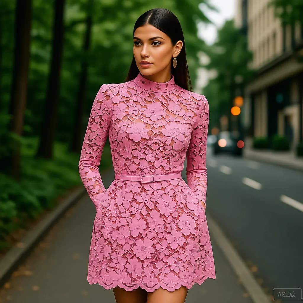 Robe trapèze en dentelle rose à manches courtes et col haut avec ceinture – Robe de cocktail de mari