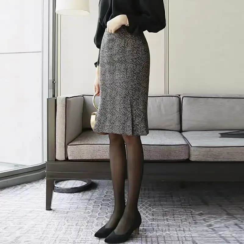 Jupe crayon en tweed à chevrons pour femme, taille haute, longueur midi, jupe de bureau