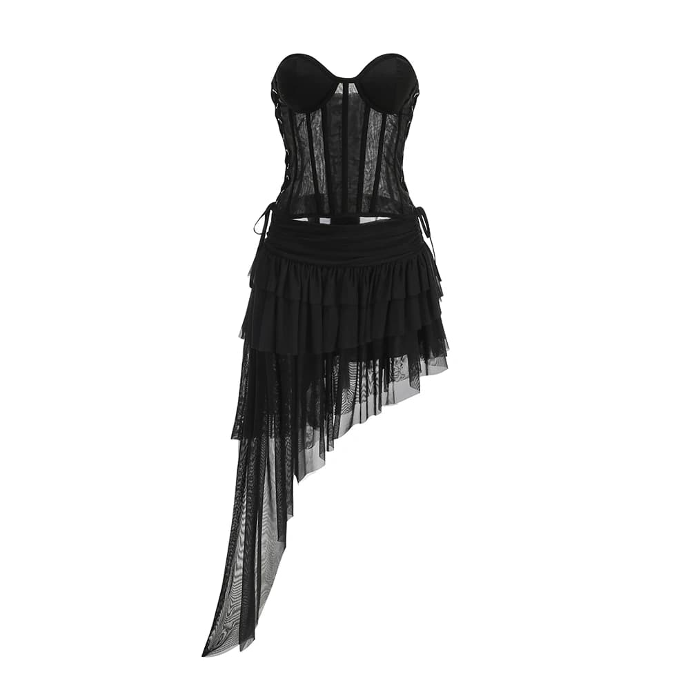 PB Ensemble deux pièces noir à lacets – Bustier en maille transparente dos nu et mini jupe asymétriq
