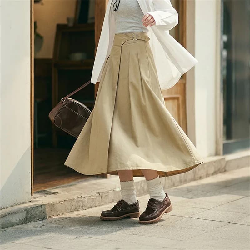 Jupe plissée kaki Maden pour femme, taille haute, évasée, en coton, mi-longue, style rétro décontrac
