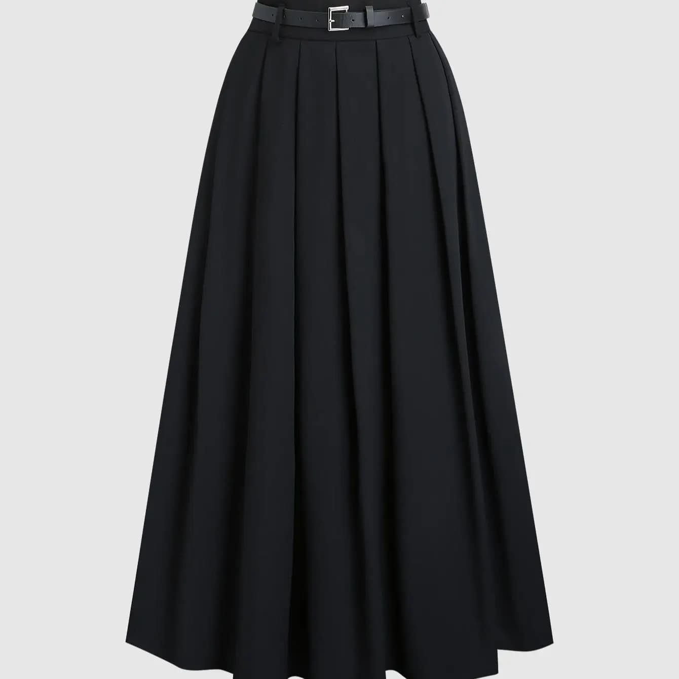 Jupe plissée longue noire à taille haute (avec ceinture)