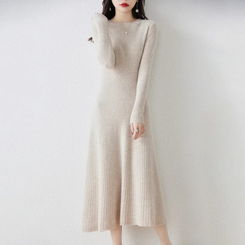 Robe pull en laine mérinos 100% coupe ajustée pour femme, couleur unie, chaude et douce, style mode