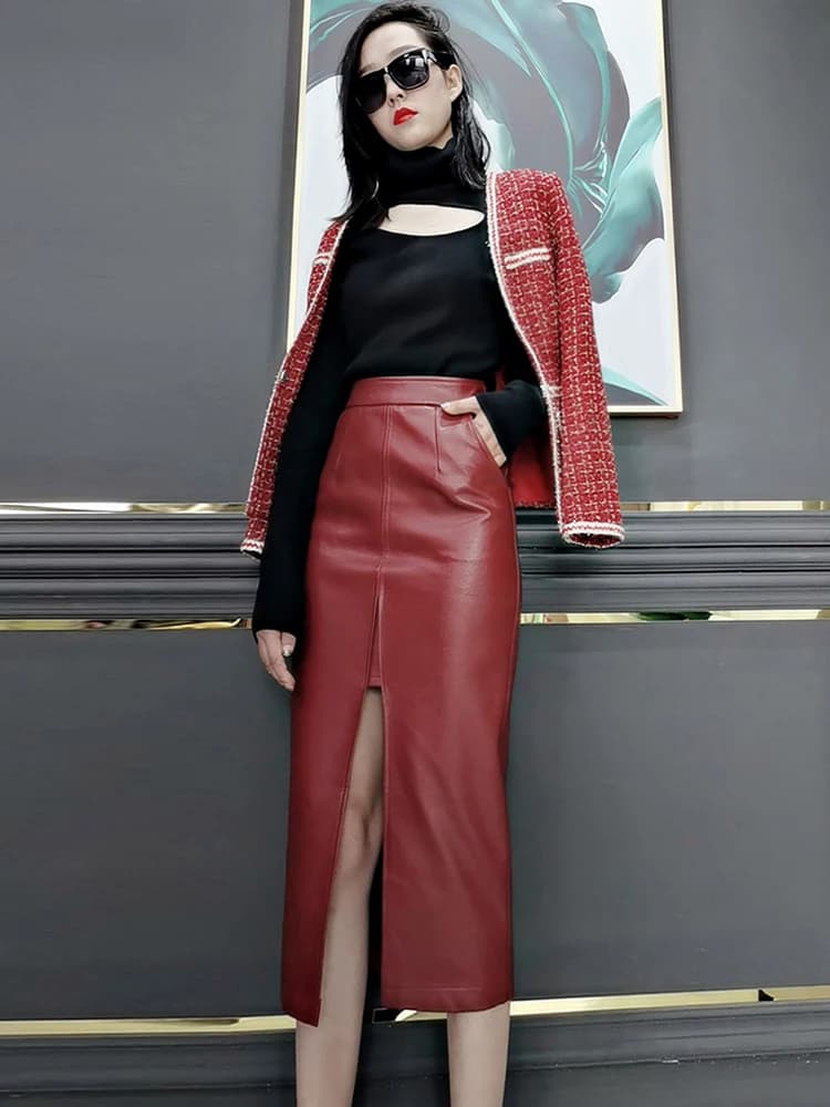 Jupe crayon longue en similicuir souple Lautaro pour femme avec fentes avant et poches, taille haute