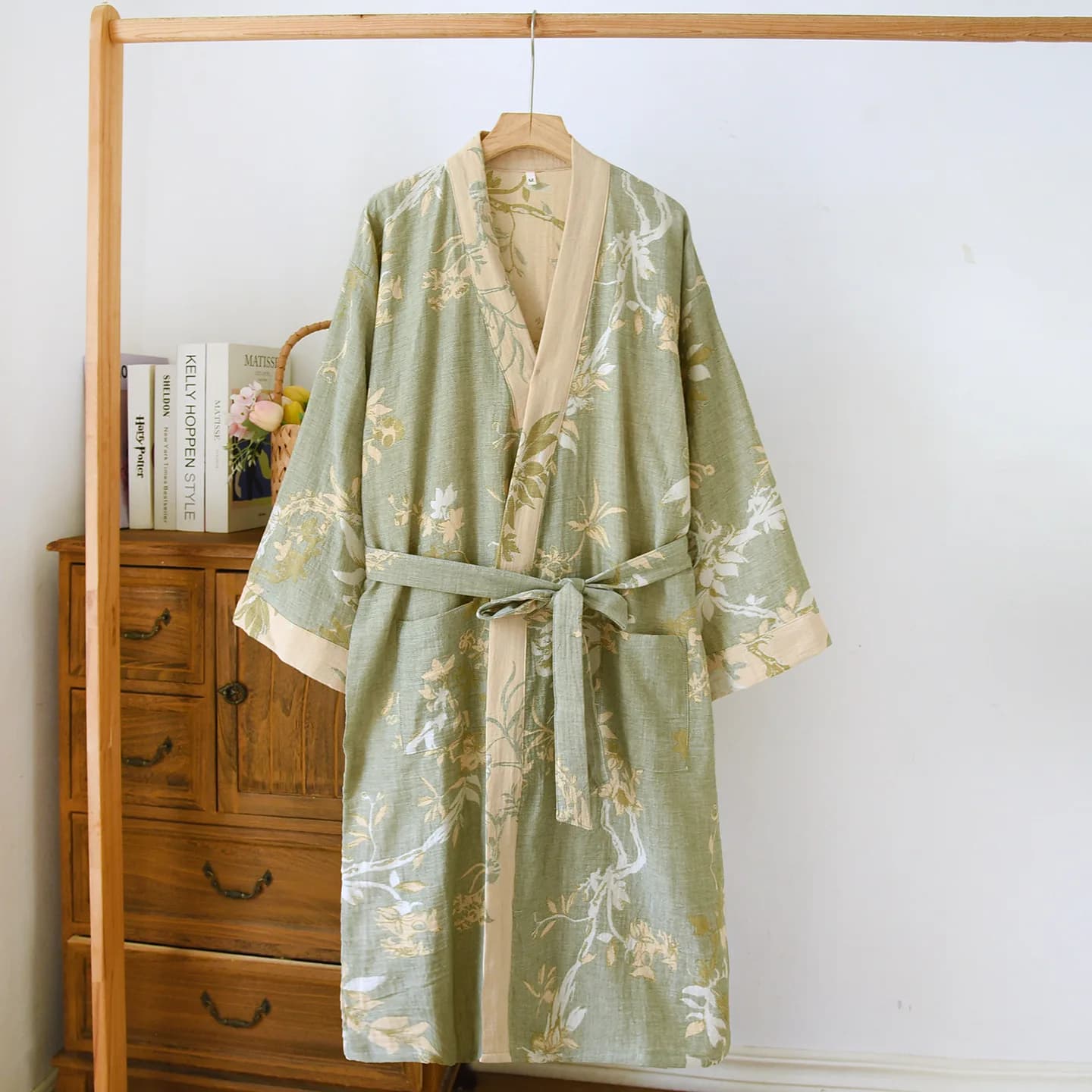 100% coton Kimono robes de nuit 3/4 manches printemps automne peignoir pour les femmes décontracté v