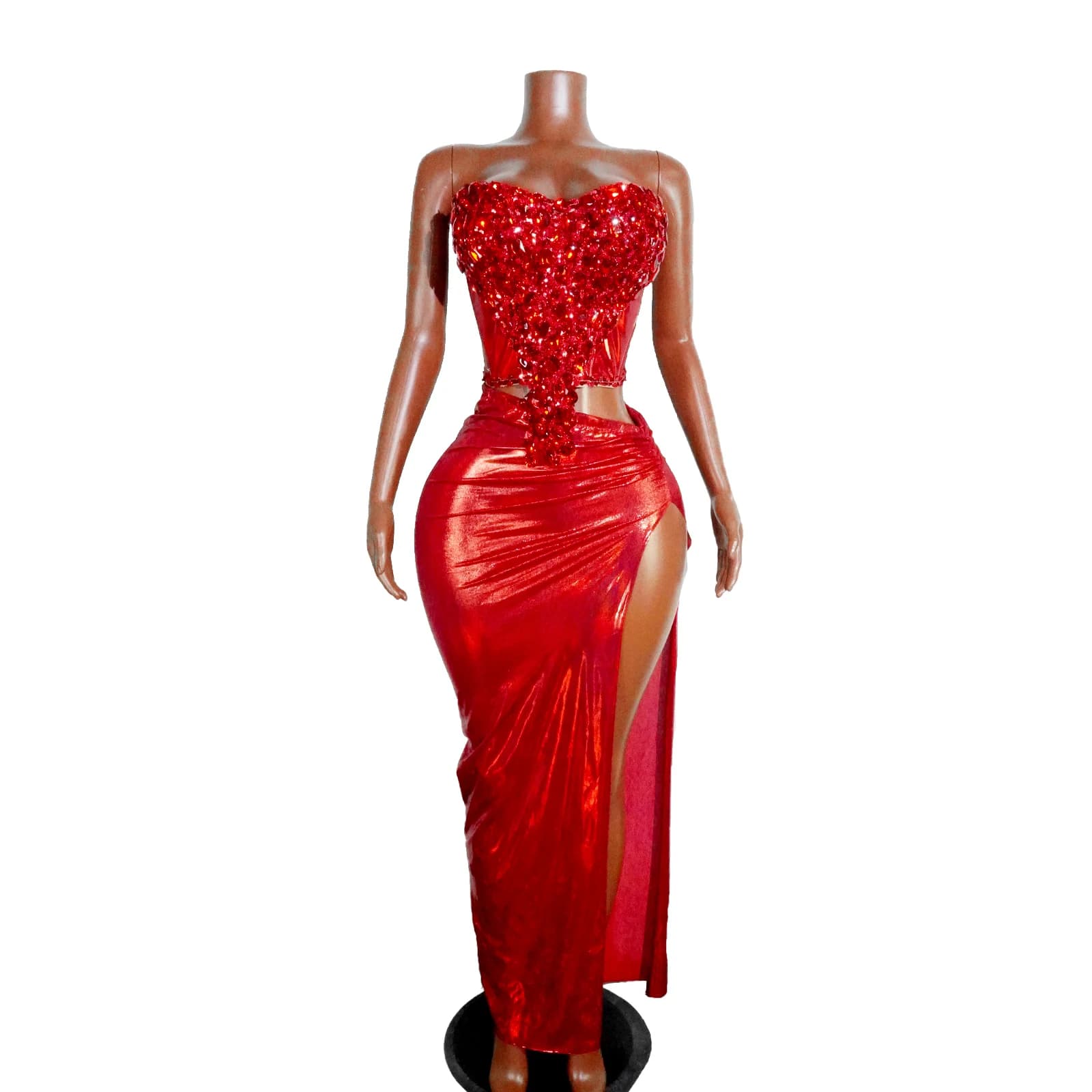 Robe longue à paillettes avec strass rouge scintillant, 2 pièces, fente haute, pour fête d'anniversa