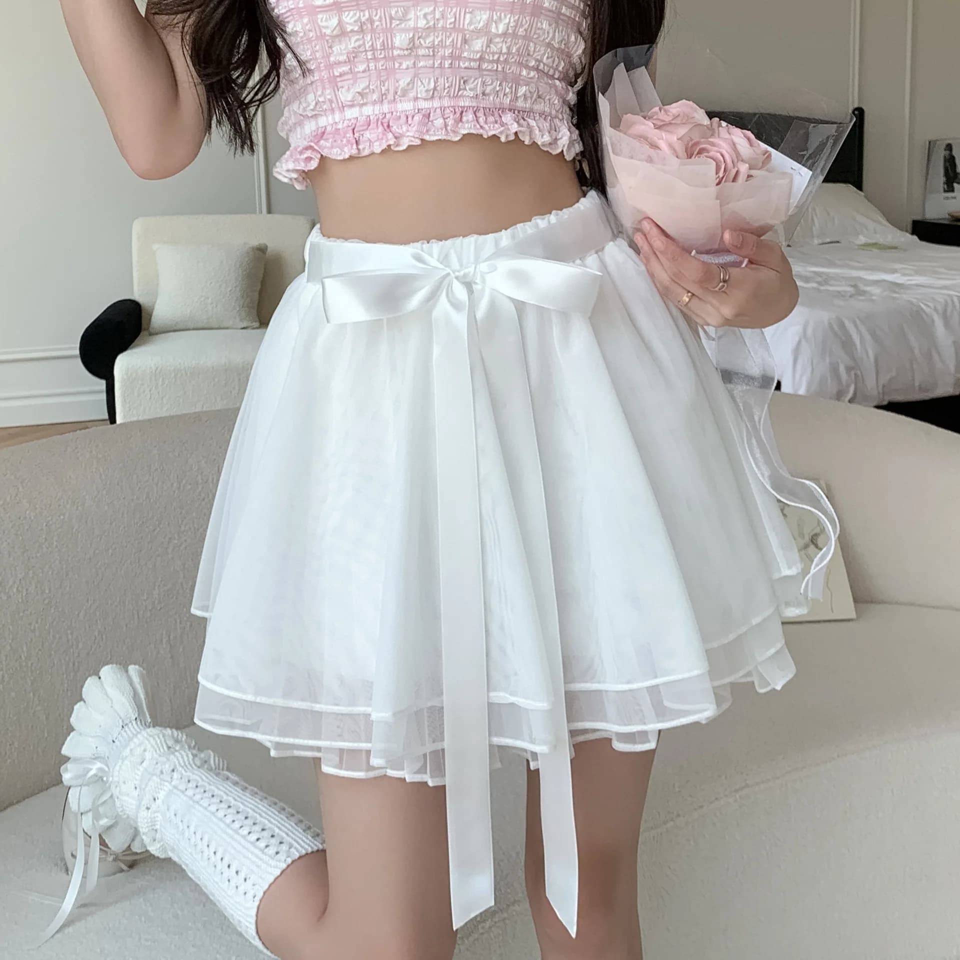 Jupe mi-longue en coton unie à taille haute pour fille, style ballet, avec ruban en maille simple et