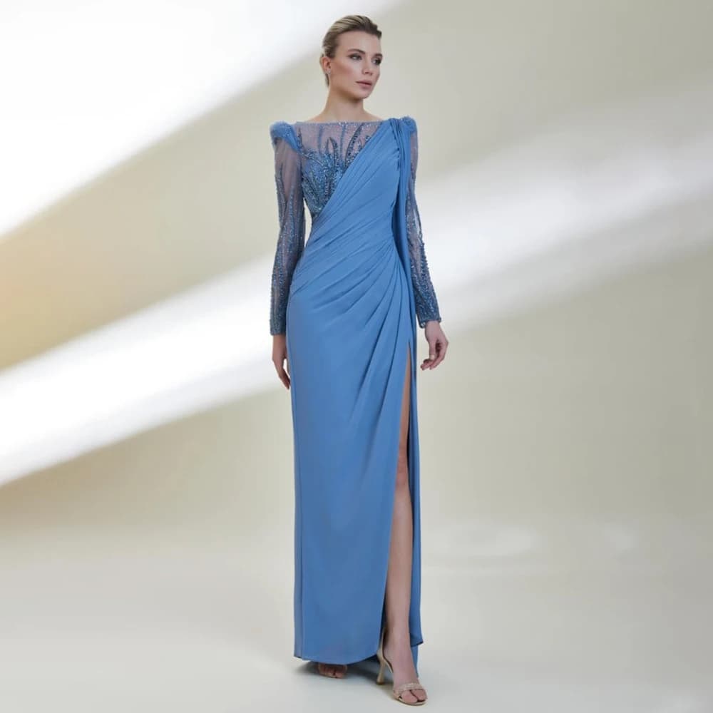 Robe de Soirée de Luxe pour Femme, Tenue de Sirène, Bleu Clair, Perles, Col Bateau, Fente Latérale,