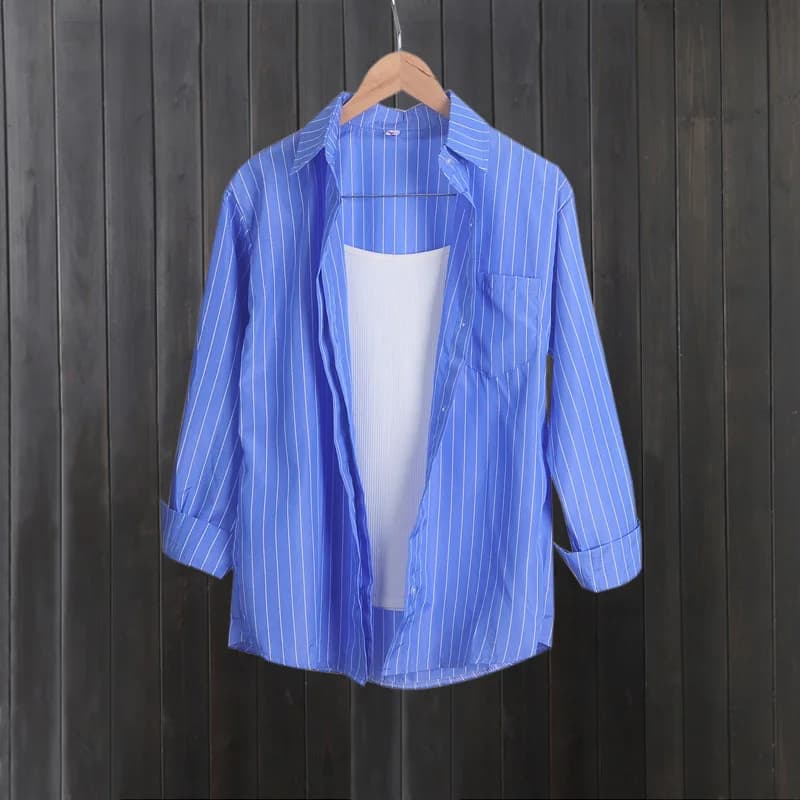 Chemise d'été à rayures bleues pour femmes, costume avec chemise à manches longues pour haut mi-long