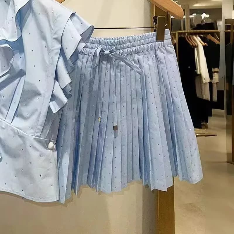 Ensemble jupe plissée à volants pour femmes, col en v, cravate, haut sans manches ou cordon de serra